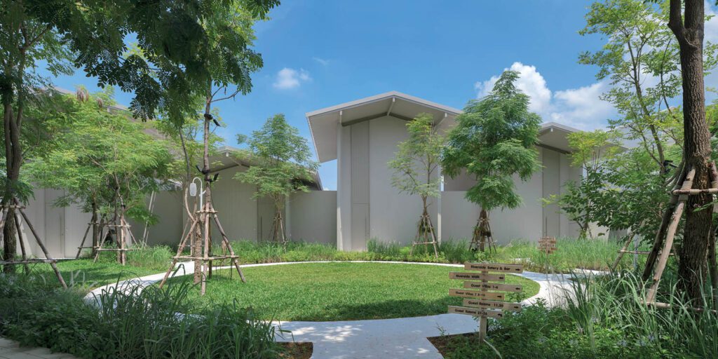 水泥通道包围度假村中心嵌套花园