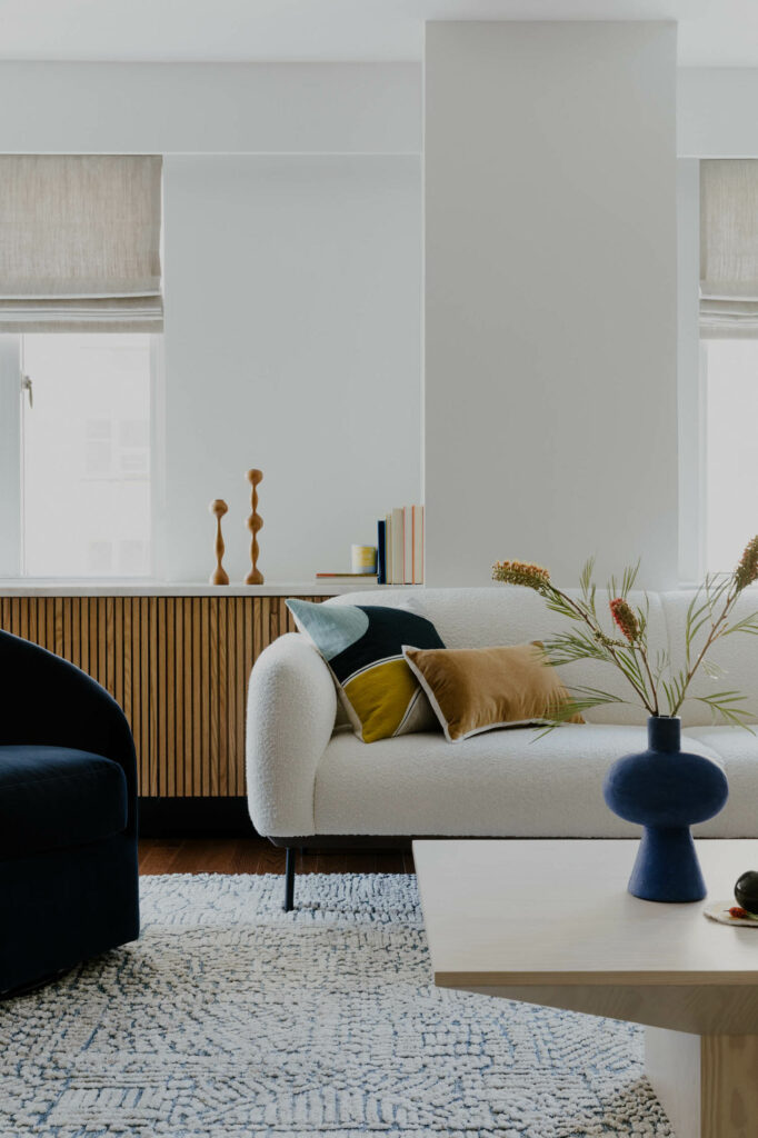 白沙发上充满活力的金蓝枕头