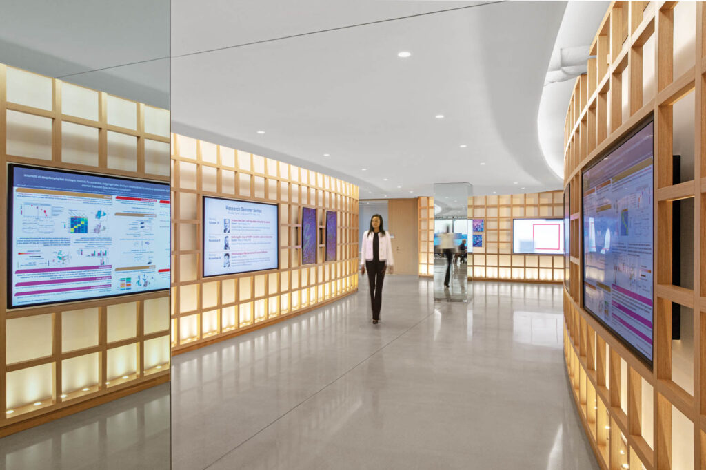 配有混凝土地板和木板隔板的入口画廊