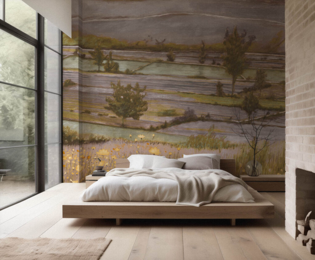 卧室加水色壁纸和床