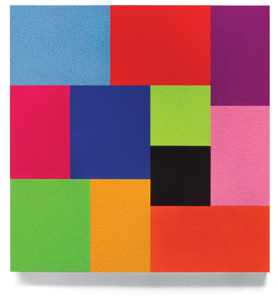 Peter Halley近距离为多色几何艺术工作方形共享和矩形蓝红红红粉红绿橙相串成大方形