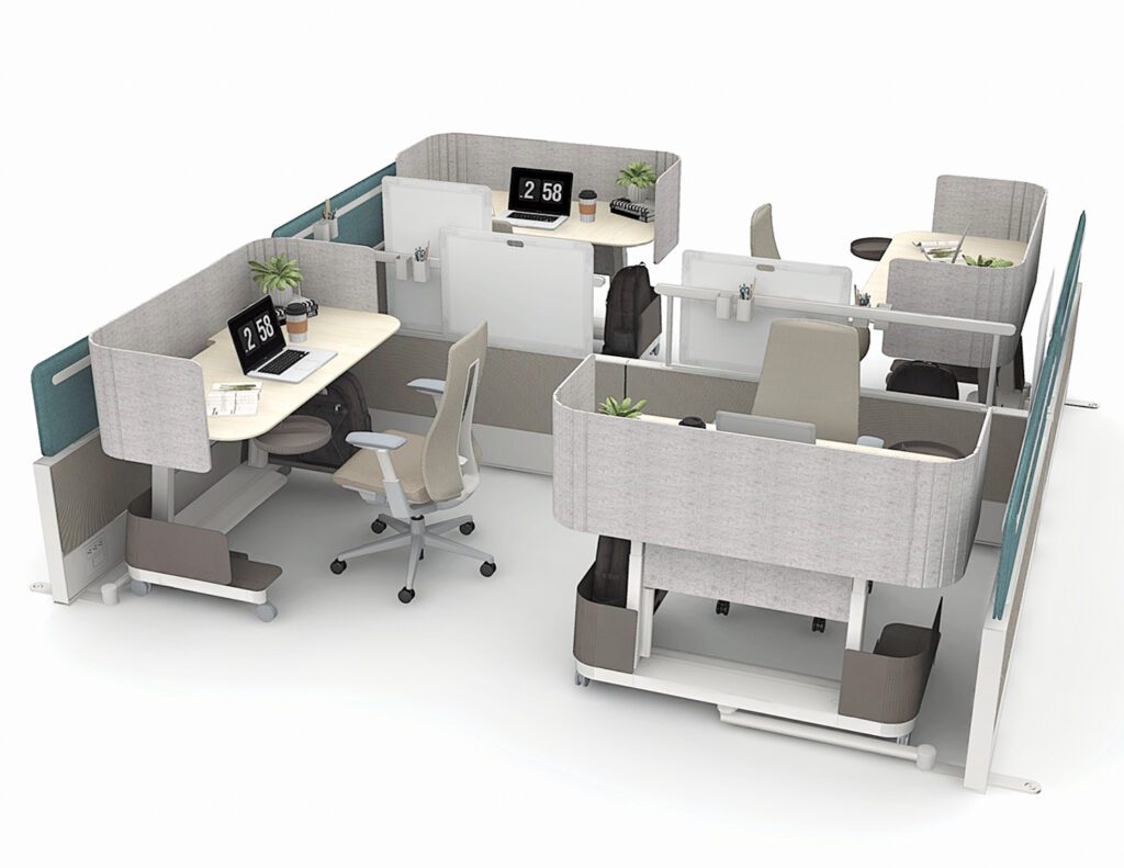 组合回声工作站系统布局、钢材、木头、玻璃和标记板Haworth