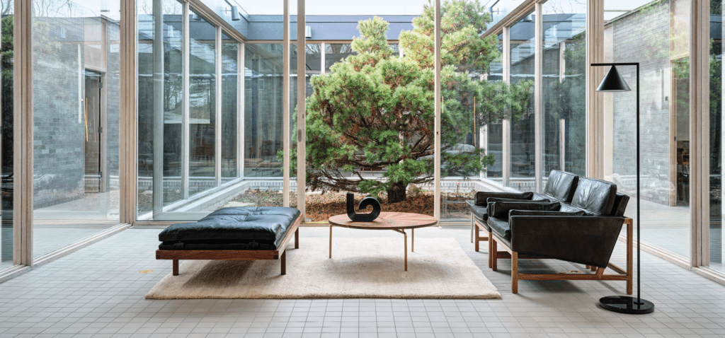 办公室内玻璃墙望向院子