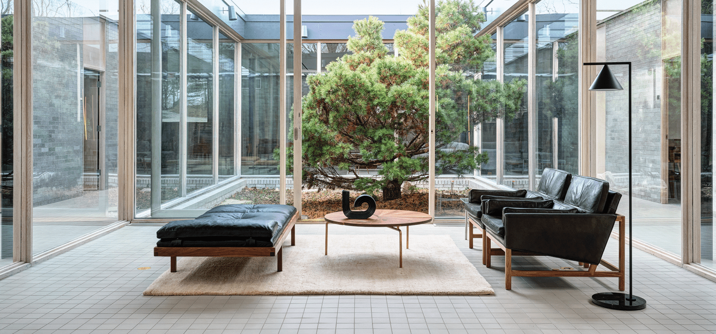 办公室内玻璃墙望向院子