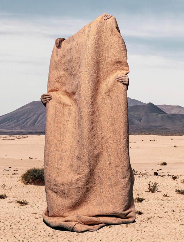 由三手持有的棕色织物与灰体纹图