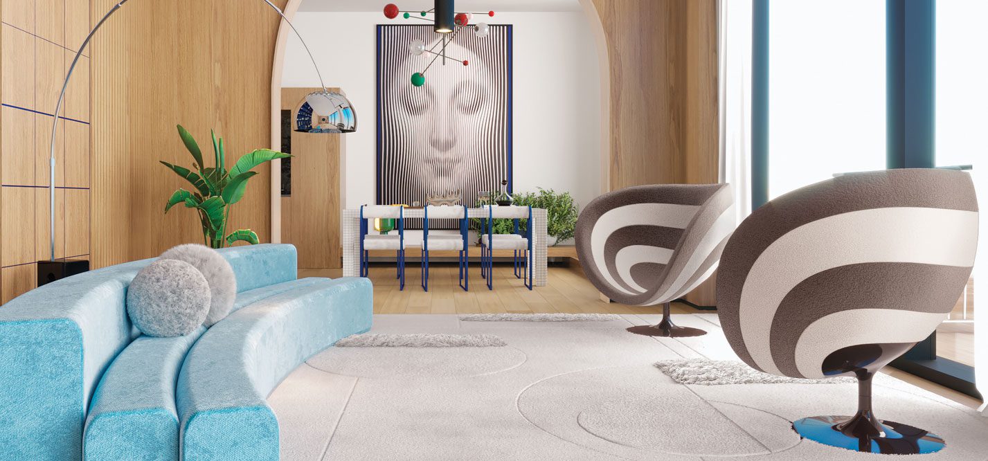 曼哈顿公寓客厅 蓝曲线沙发和美术