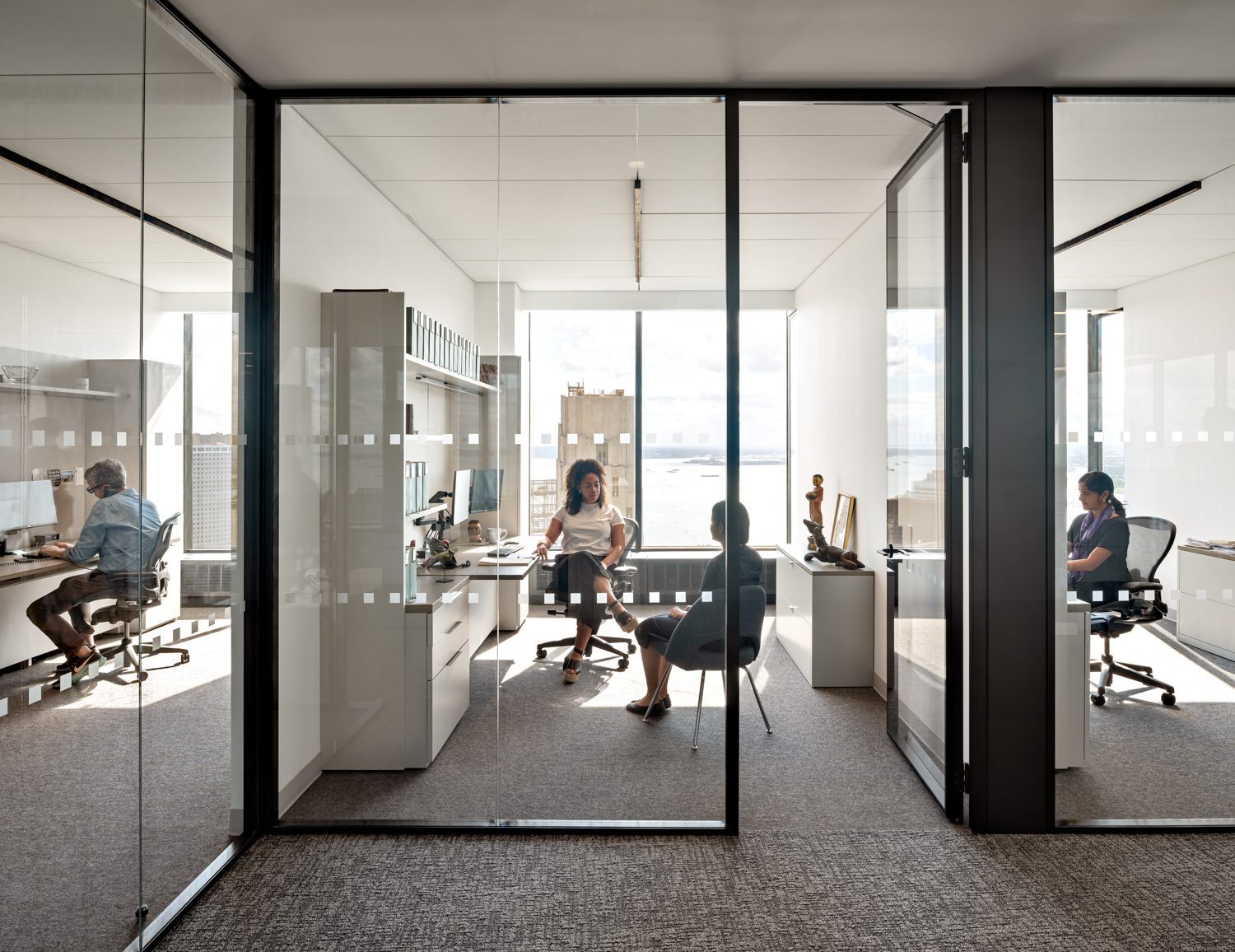 配有Reff剖面板模块化桌面和存储组件的私有办公楼前端有SkyWalls地平线光玻璃搭建系统,它允许光和Hudson河视图进入环流通道Alpha环滑地毯覆盖