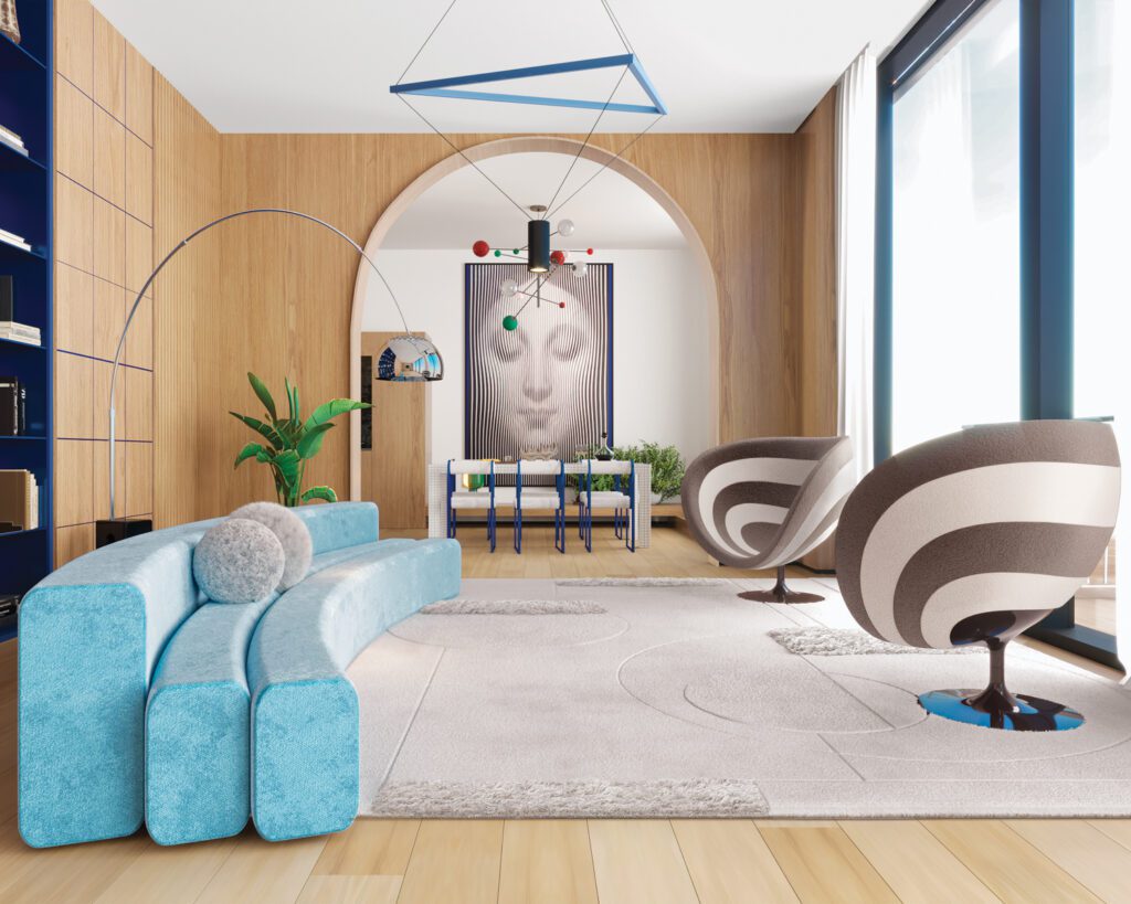 tribeCa单居区由Enze架构师组成,有色橡木磨机和地板环绕Pier Giacom和Achille Castiglioni、Pierre Paulin大阪沙发、SudioKJ一对Rosa轮椅和EDO37吊机Federico Ferra