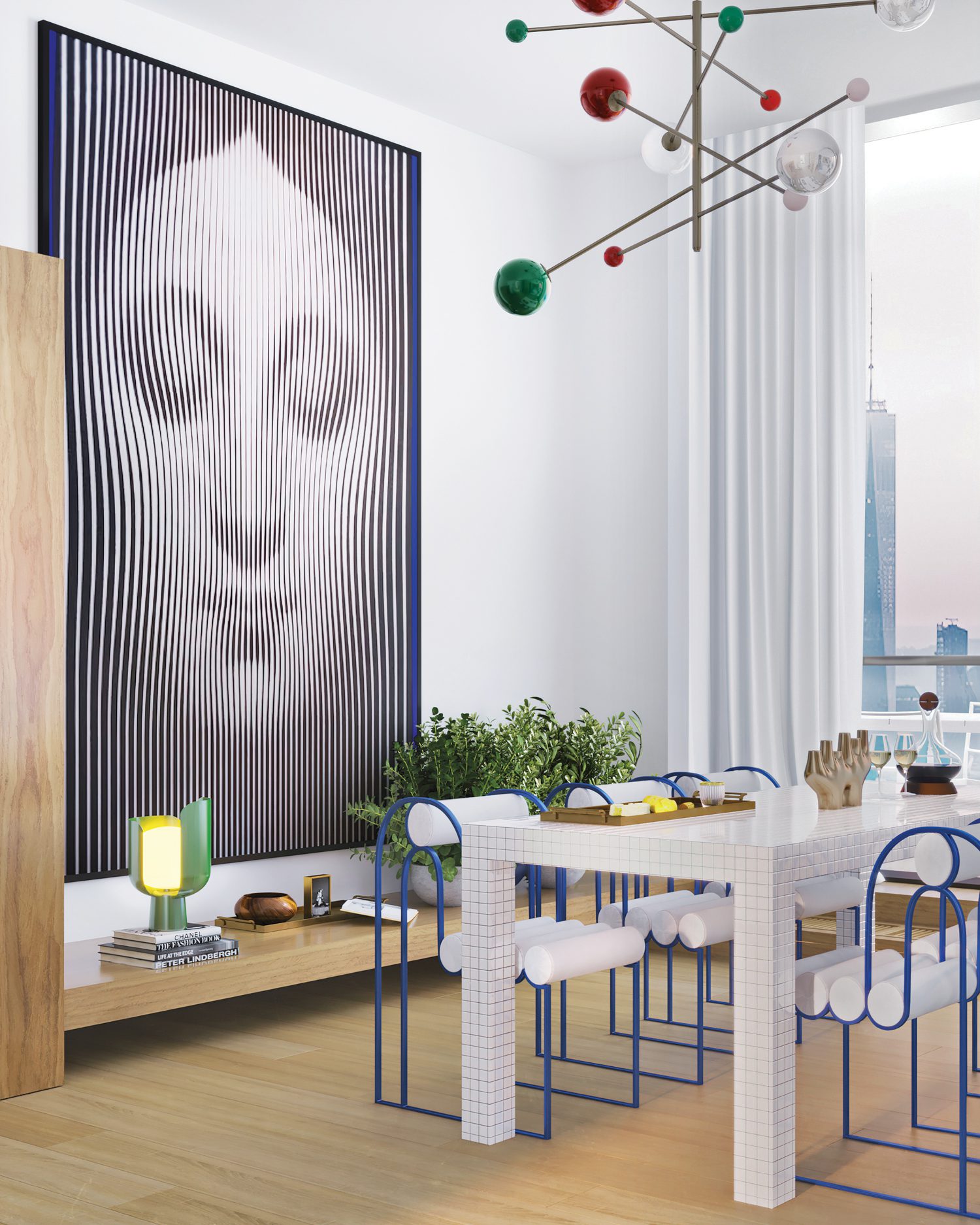 后台配有superstudioQuaderna表、Bohinc Studio的阿波罗轮椅、定制嵌套和Egor Ostrov画布打印