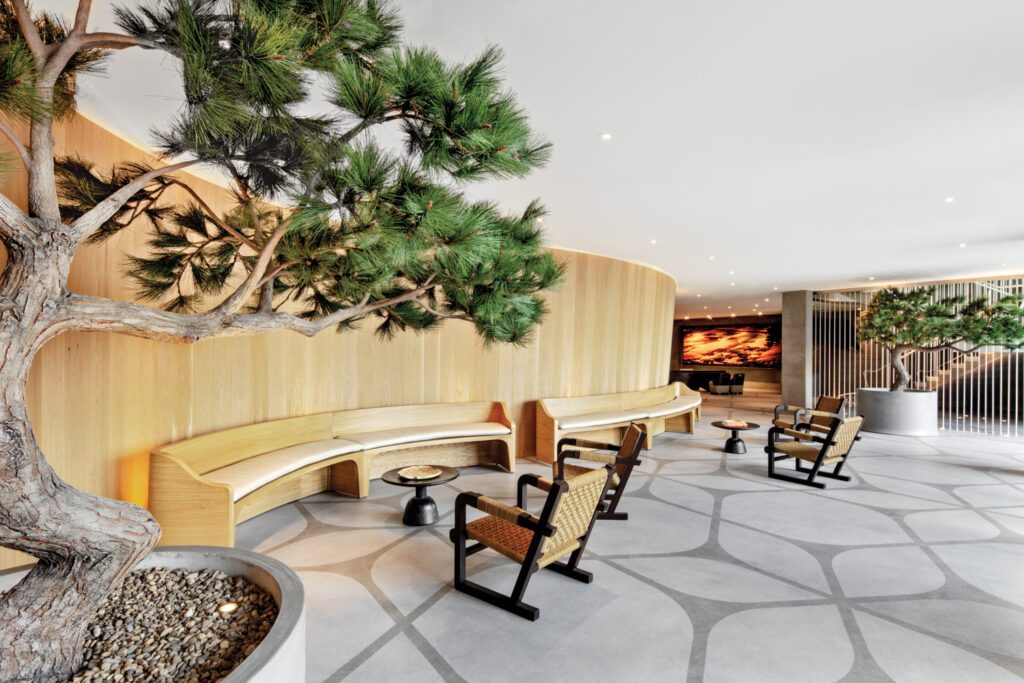 加州Encinitas130室AlilaMrea海滩度假村大厅由Markzeff介绍,自定义皮质封装白橡木长椅和带海草座椅的hoanga