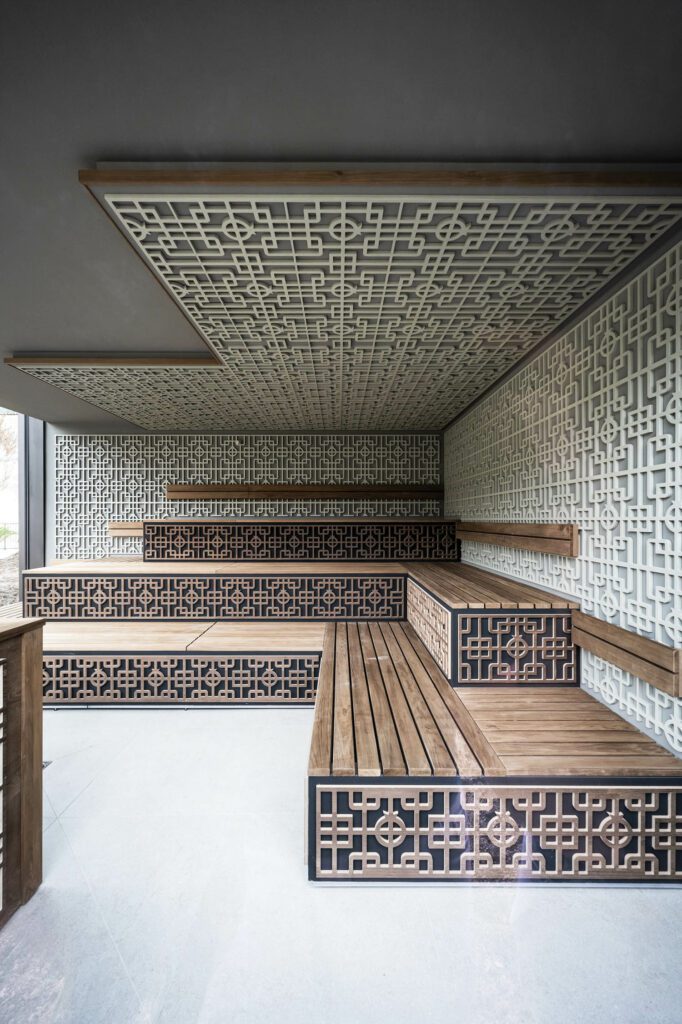 桑拿、激光切割pollar、松木和纤维板底层描写石榴,即宾馆标识