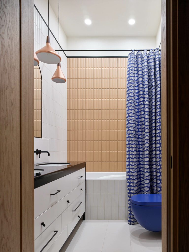 四一零四二瓦向孩子们卫生间提供维度,而蓝ArtCeram马桶提供颜色