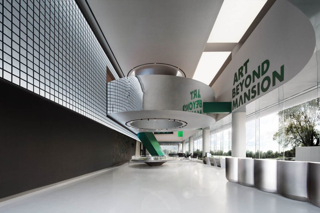 上方白梯楼下层超大电子屏幕Sunac入口大厅墙上TOMO设计显示艺术安装或信息视频