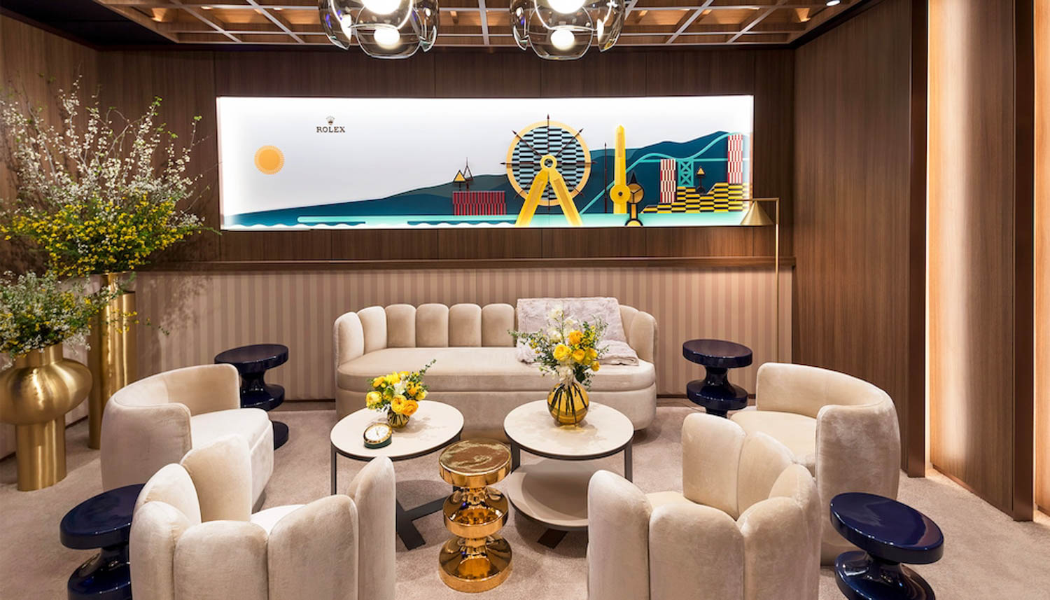 white sofas and lounge chairs at the Greenroom by Rolex at the Oscars