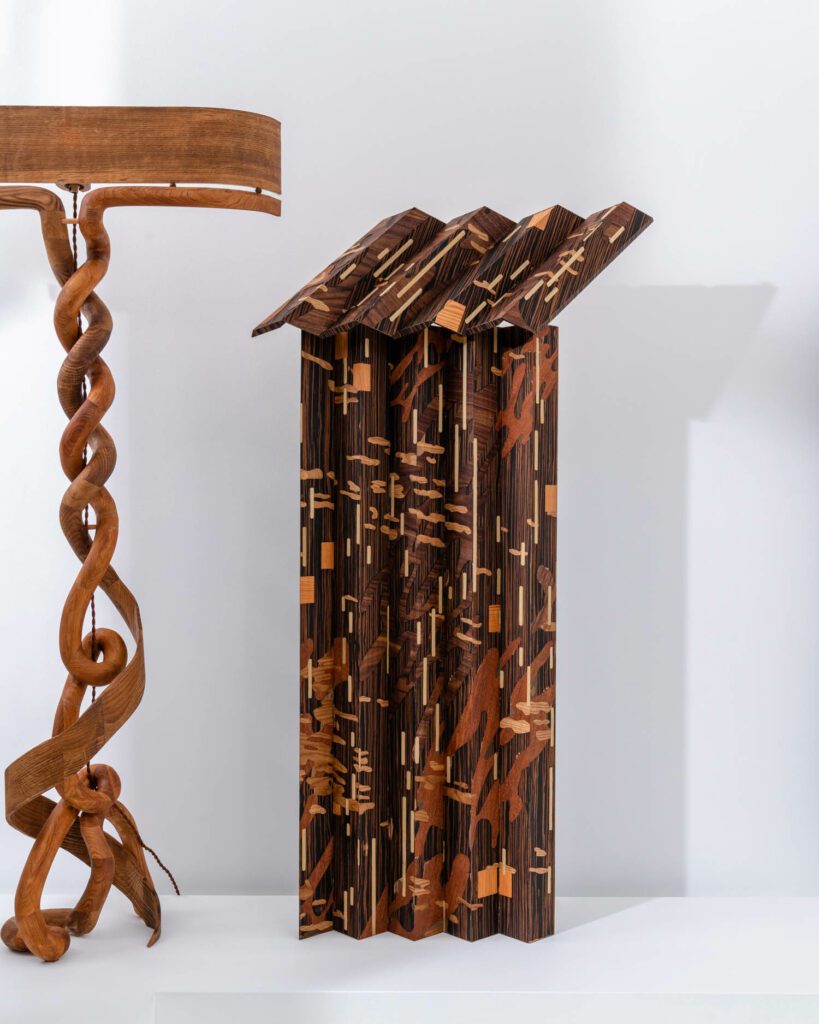 Shaina Tabak的奇异无名楼下灯显示艺术双螺旋状装饰用复用阴凉,而第二无名光则使用经典木雕手法现代套接配平面