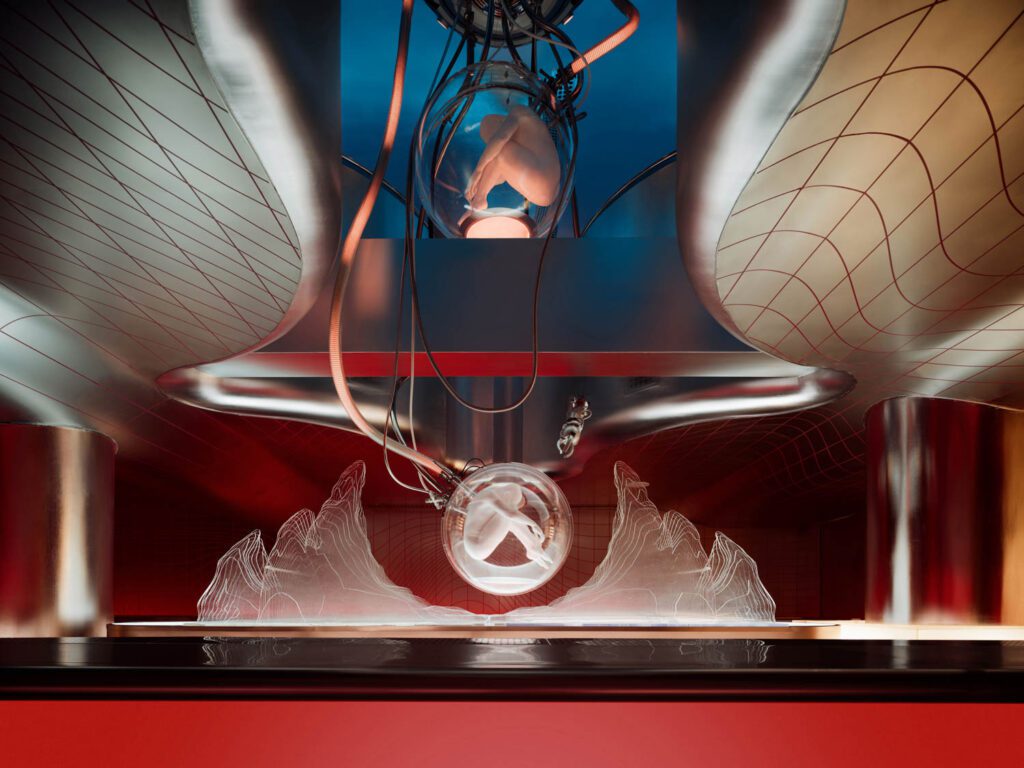 神秘生物向酒吧宾客打招呼,安装不锈钢、丙烯和3D打印表