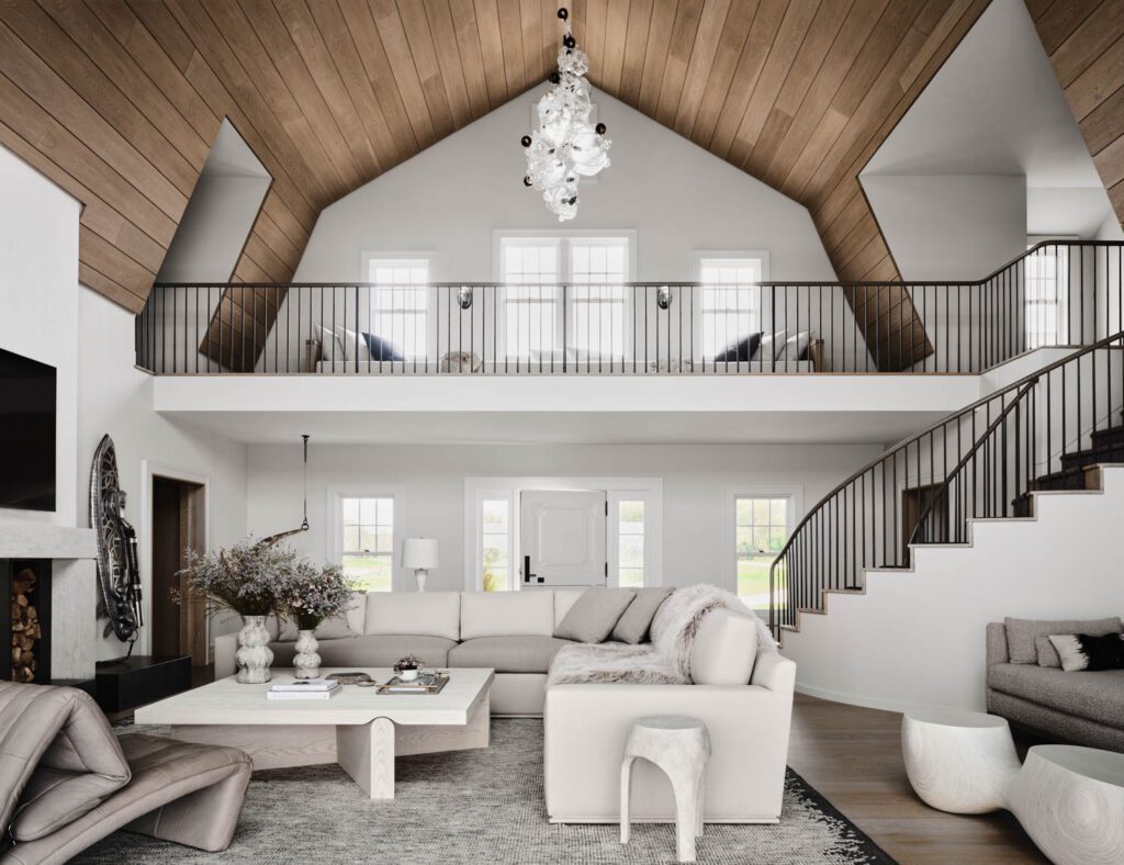 广房LindseyAdelman照明定型、设计伙伴分机、ChristopheDelcourt咖啡桌、StefanHeiger口音座椅和StevenKing地毯创造优雅而温暖的气氛自定义SteambarkSurfboard艺术由WilsonBates为Vail国际美术馆制作