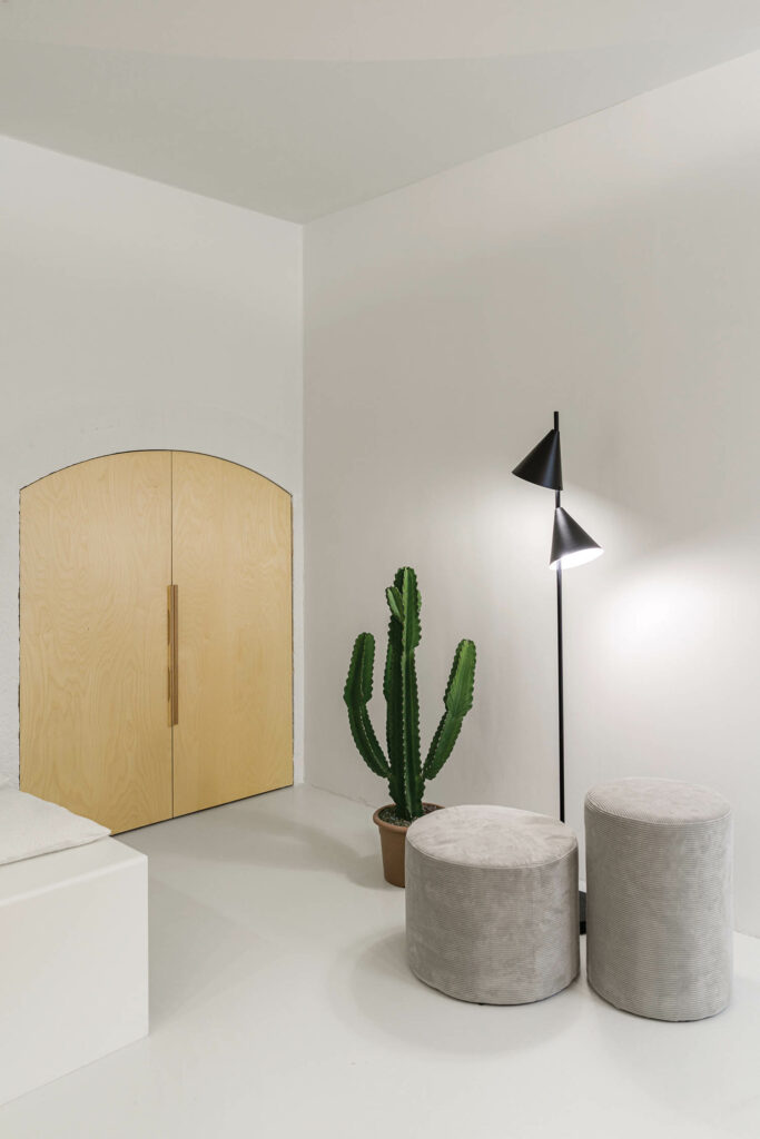 仙人掌用两个凳子和一个楼下灯装饰这个白角