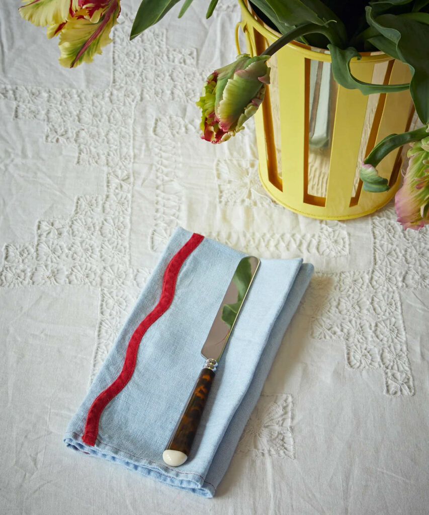 蓝线餐巾加红色扇贝剪剪