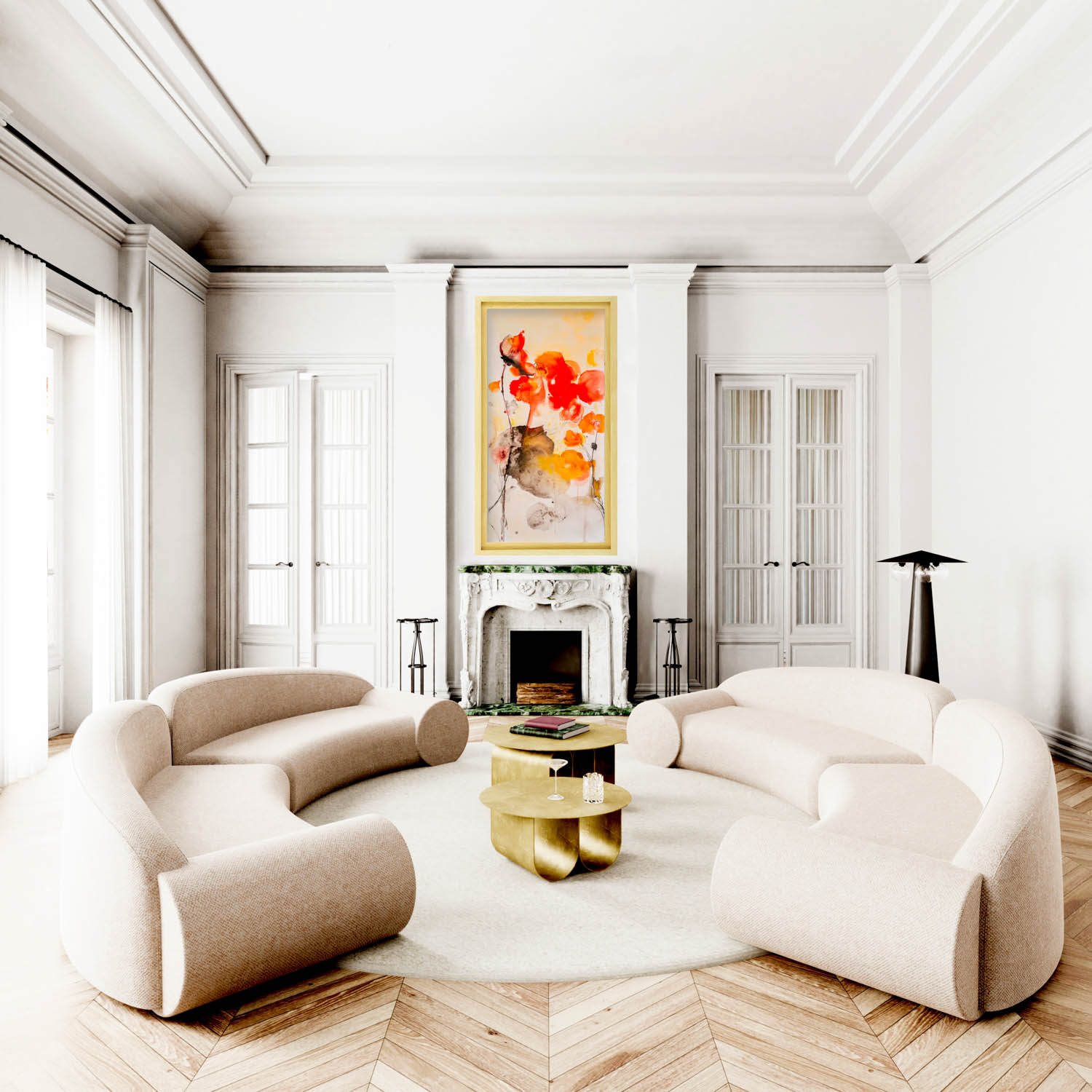 花纹画挂在壁炉上