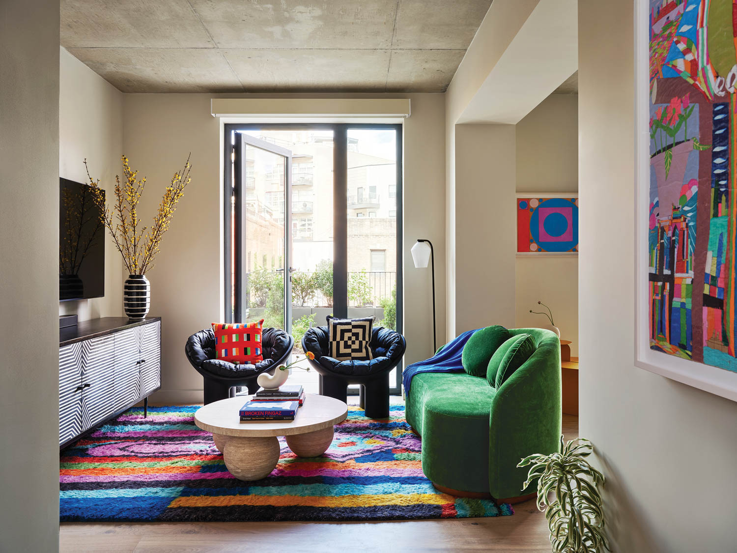 混合酒店/学院住宅起居室彩色地毯和美工