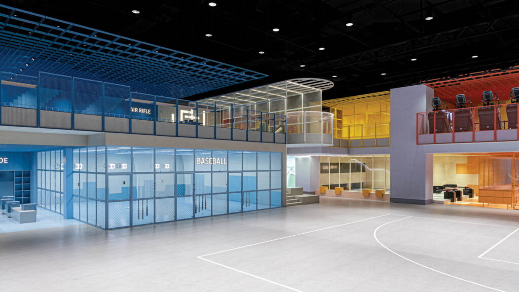 带玻璃窗墙的篮球场