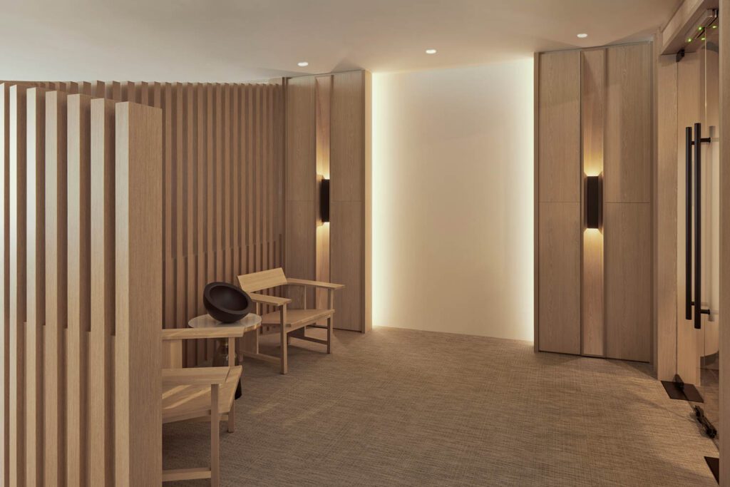 垂直木屏结构有条不紊地下降顶部并屏蔽办公内部工作到公共通道