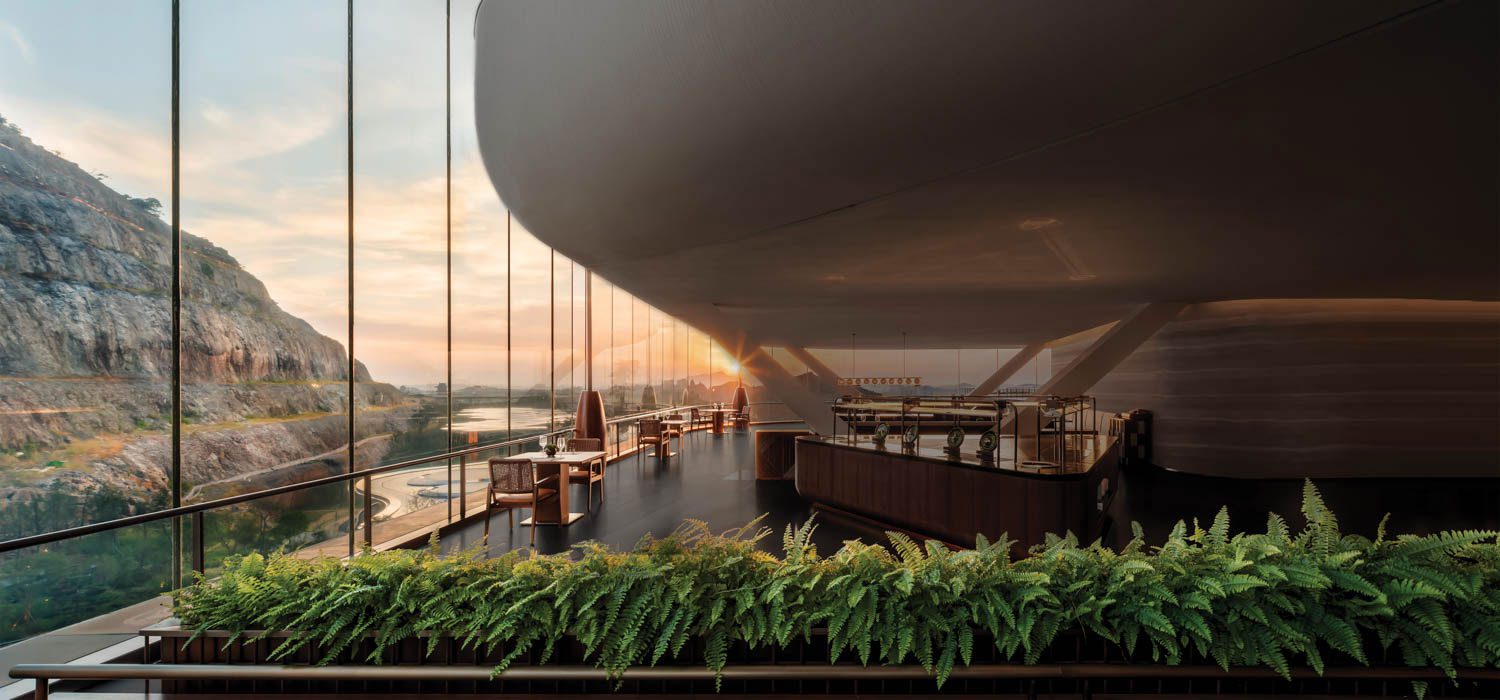 Banyan树南京花园博览会餐厅由郑中构件提供内涵的豪华宾馆组成,由唐山废弃采石场启发通过33尺高窗帘墙可见