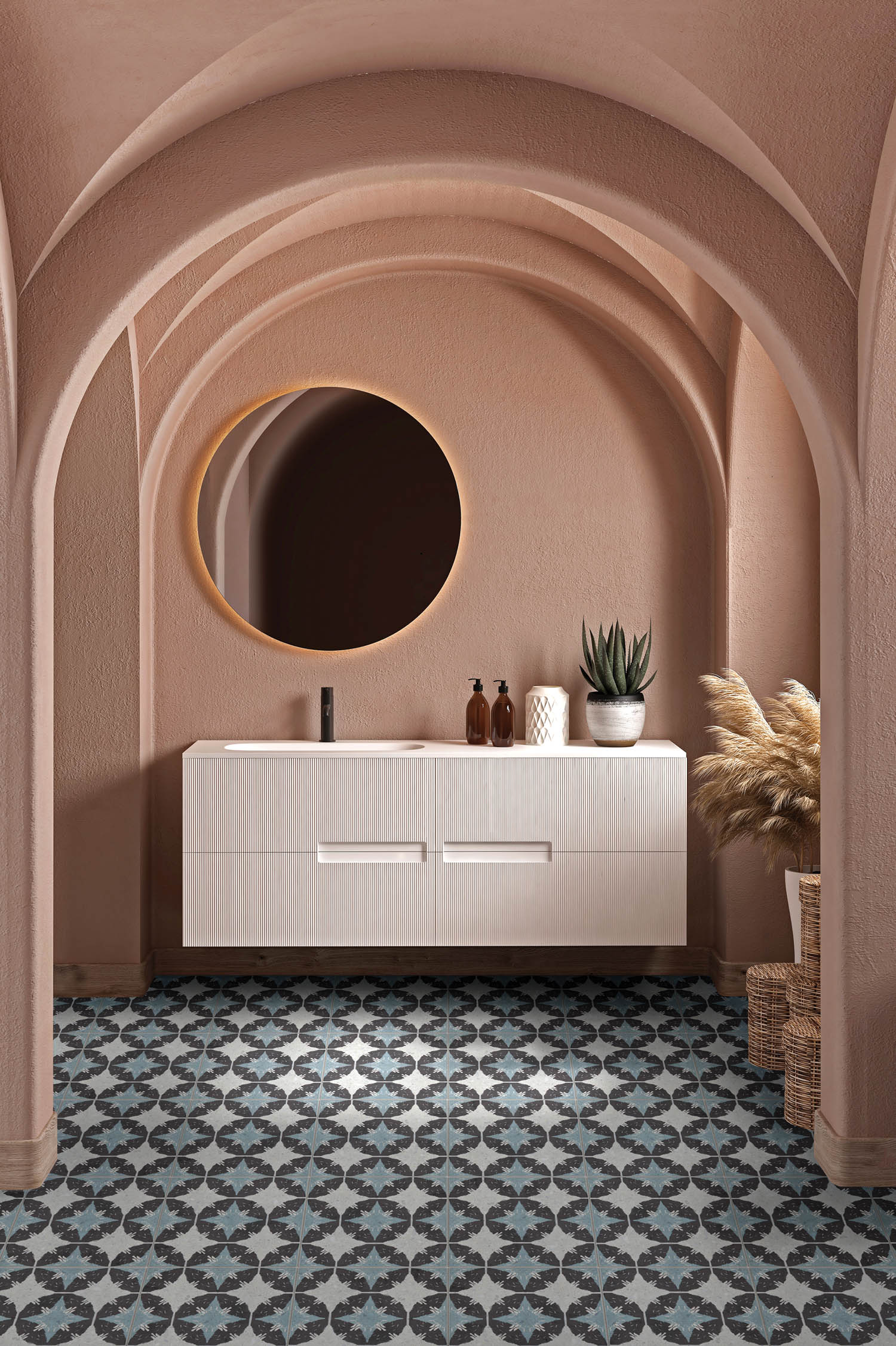 带棕墙和蓝瓦地板的房间