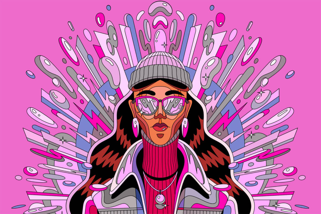 长发卡通女人穿粉红色背景